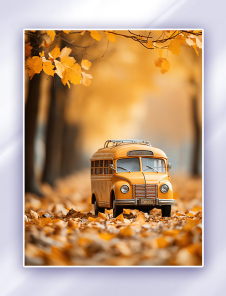 秋季出行秋天森林的巴士微观场景插画