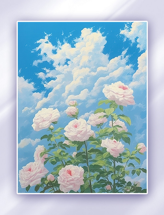 蓝天下的玫瑰美丽花朵插画蔷薇浪漫唯美