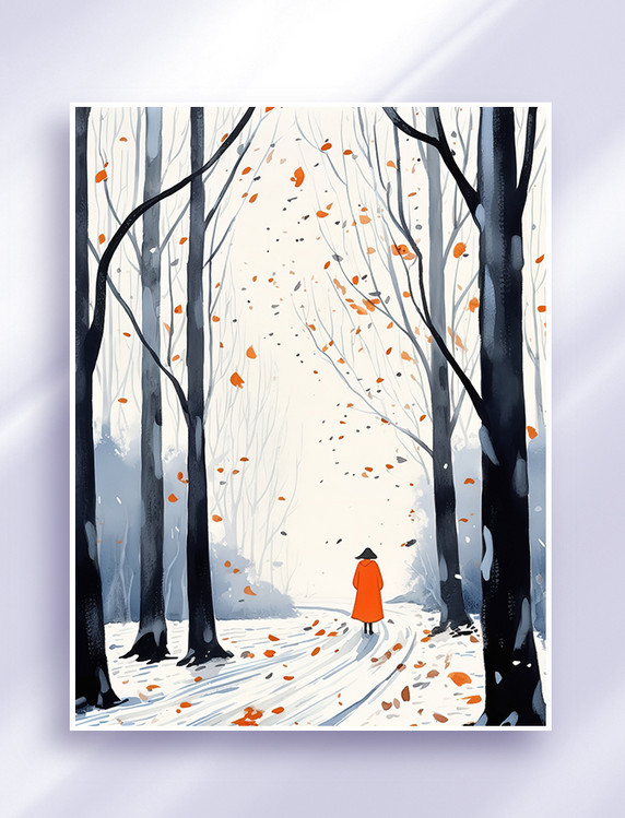 女人在秋天的小路散步插画霜降立冬寂寞忧郁