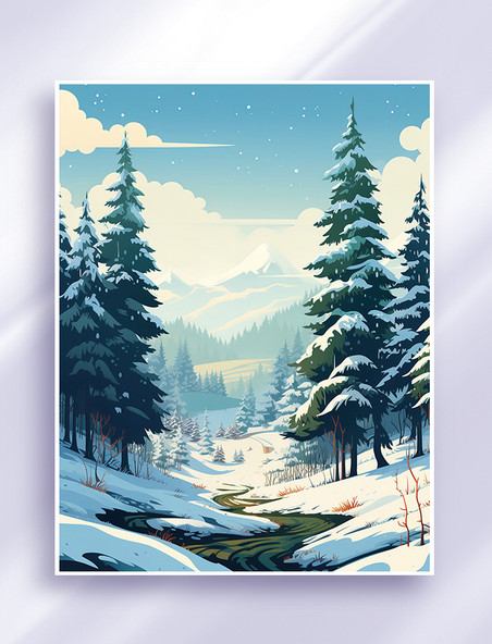冬天森林松树雪景插画冬天树林风景