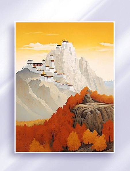 西藏高山寺庙秋天景色插画秋天树林风景