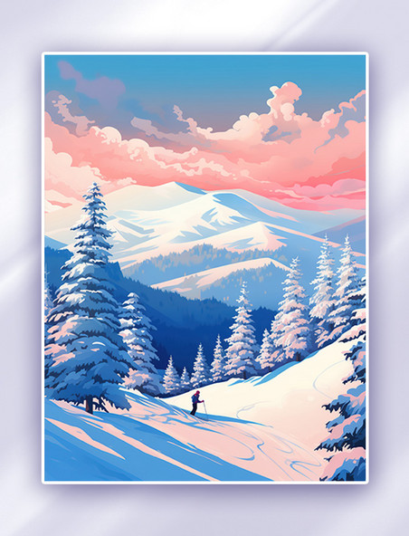 白雪皑皑山坡上的雪景运动员滑雪冬天滑雪树林风景插画