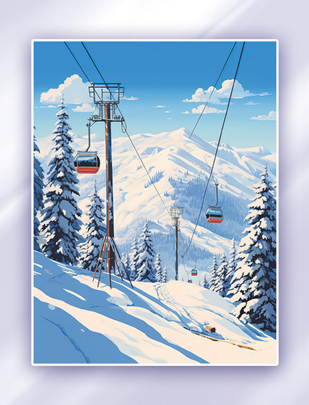 简约滑雪运动员在雪山滑雪插画冬天树林风景