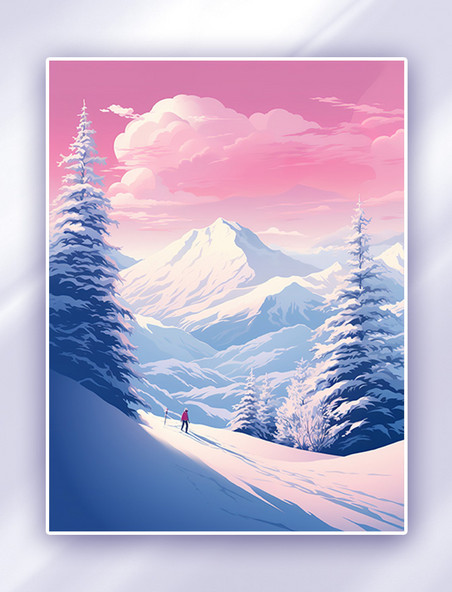 日落山坡上的雪景运动员滑雪冬天树林风景