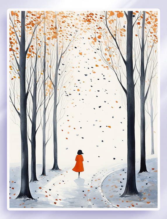 卡通女人在秋天的小路散步