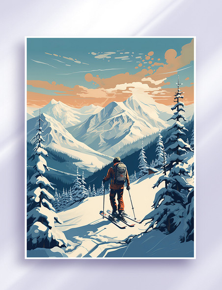 滑雪运动员在雪山滑雪插画冬天树林风景