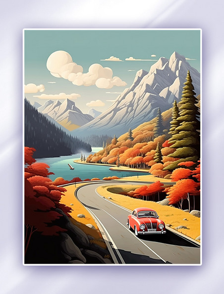 汽车在山路行驶风景如画秋天出行秋天树林风景秋游