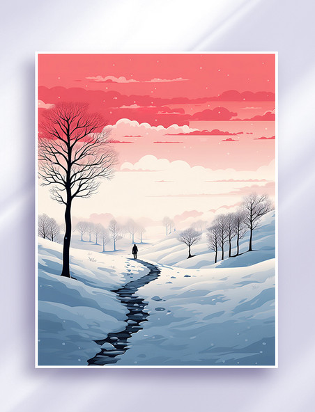 冬季雪景极简浅红色插图风景雪地冬天