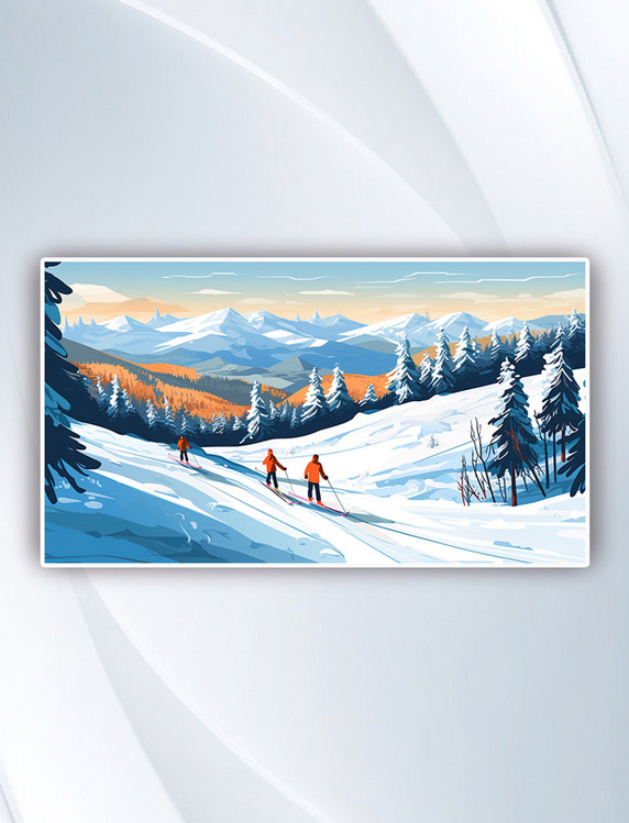 冬天滑雪场滑雪雪山插画冬天树林风景