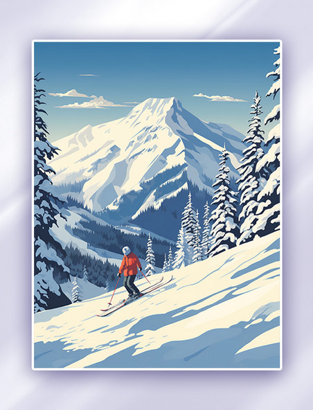 滑雪运动员在雪山滑雪插画秋天秋季旅行风景