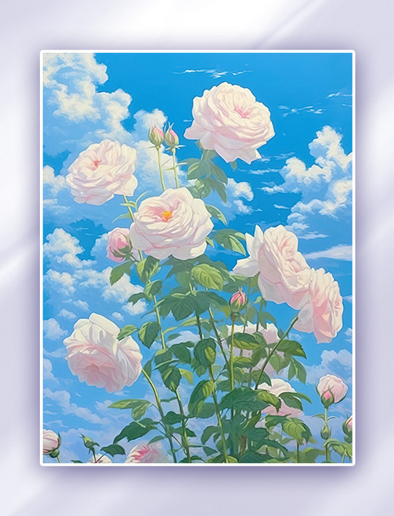 简约蓝天下的玫瑰美丽花朵插画蔷薇浪漫唯美