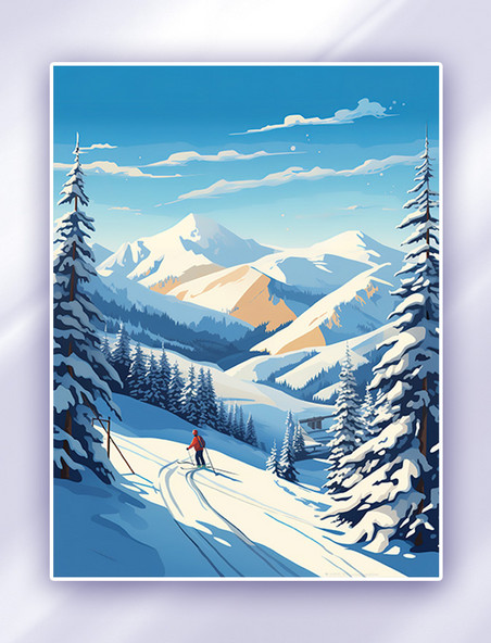蓝天白云滑雪运动员在雪山滑雪插画冬天树林风景