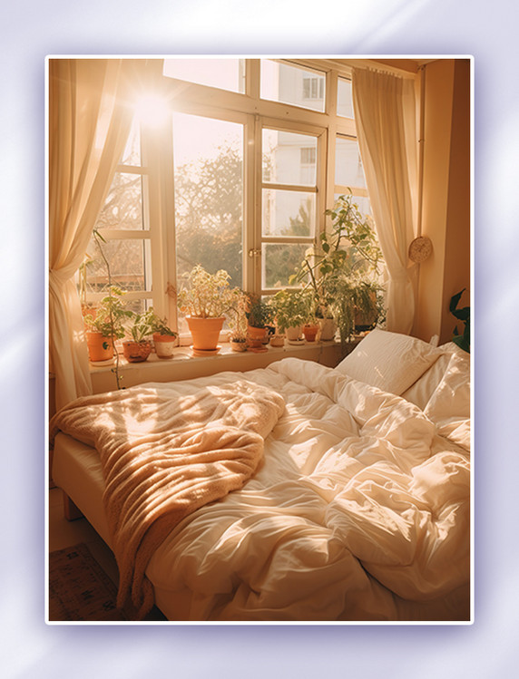 阳光光线透过明亮卧室家居背景摄影图