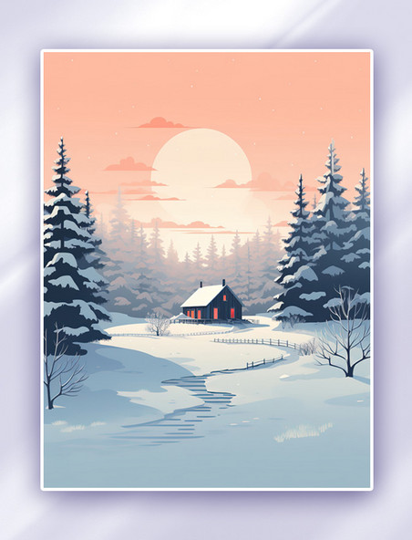被白雪树包围的冬季小屋插画冬天雪地雪景
