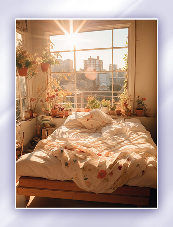 阳光透过明亮卧室家居背景摄影图