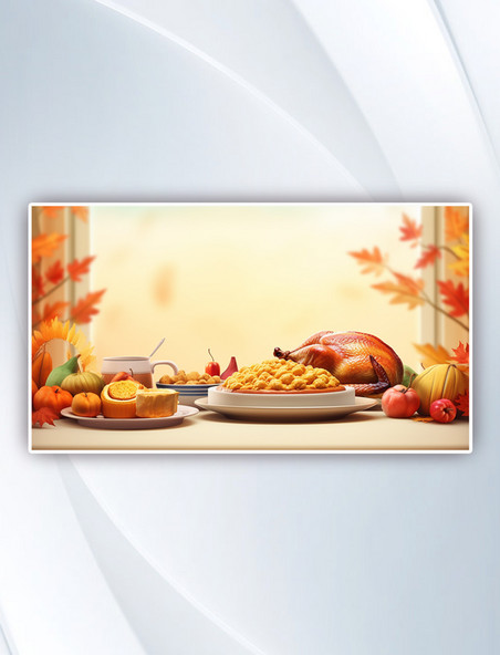 一桌丰盛的烤火鸡美食餐盘感恩节背景摄影图