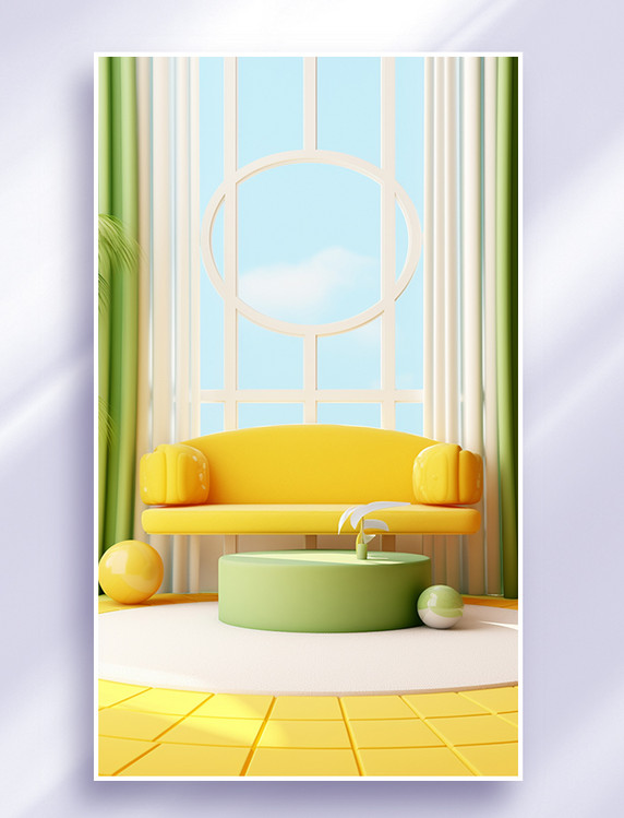 电商促销电商展台清新可爱儿童母婴用品场景绿色黄色窗户