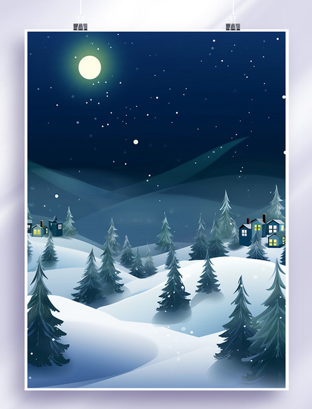 小村庄冬季圆月星空下的雪山背景冬天冬季冬日