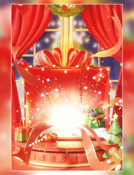 圣诞节平安夜3D立体红色礼物盒圣诞夜电商场景