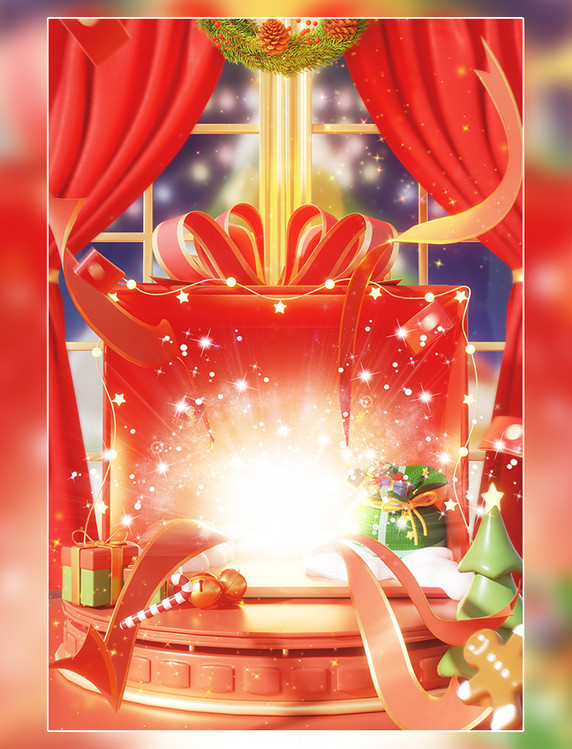 圣诞节平安夜3D立体红色礼物盒圣诞夜电商场景
