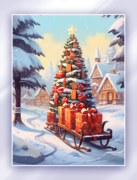 雪橇载着礼物圣诞树雪景插画