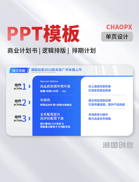 PPT模板简约蓝色单页商务风商业计划书逻辑排版排期计划结构流程
