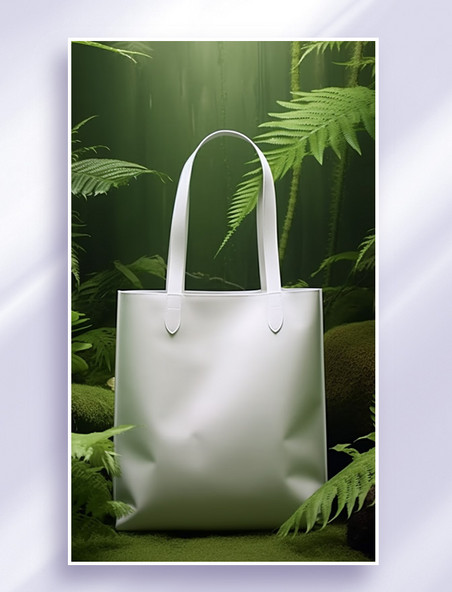 白色购物袋电商促销森系植物树林样机背景
