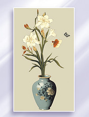 中式盆栽挂画花卉淡雅新中式装饰画花鸟写实背景插画
