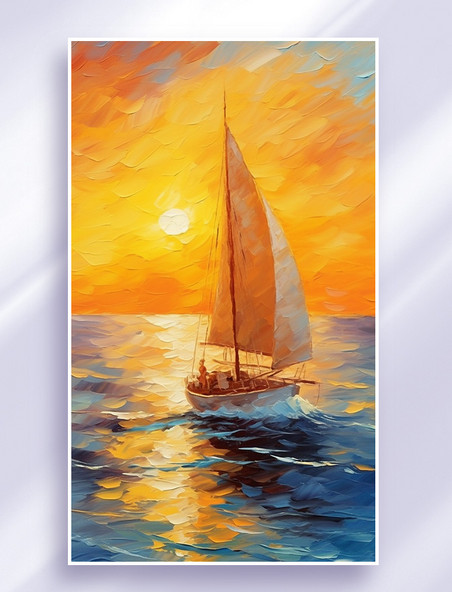 浪漫唯美夕阳晚霞落日大海航行一艘帆船帆船橙色油画装饰画