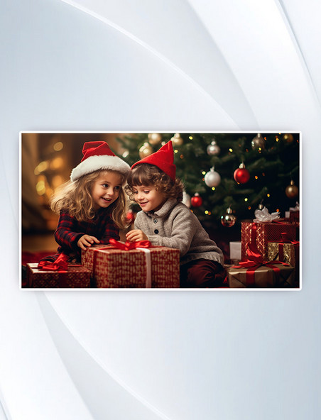 圣诞节拆礼物的儿童摄影图人像
