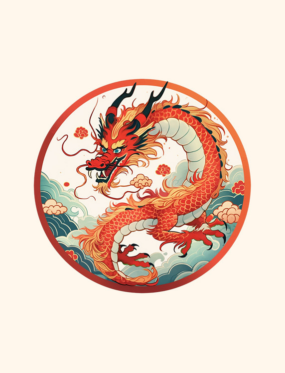 东方龙在圆形边框龙年装饰国风元素