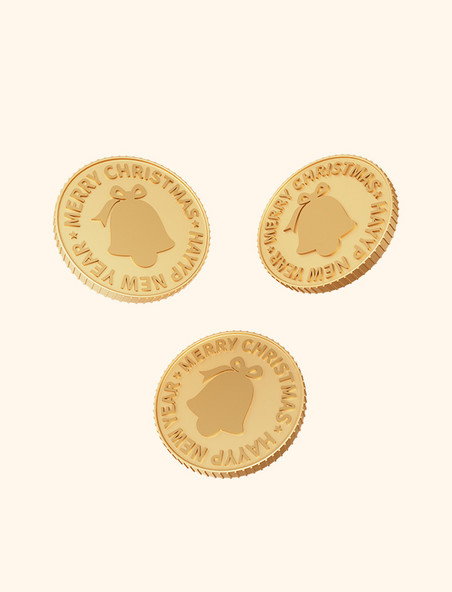 3D立体圣诞铃铛金币硬币装饰元素钱币