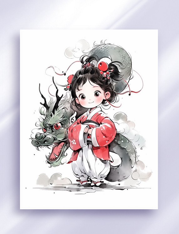 中国传统水墨画风可爱女孩和龙人物插画