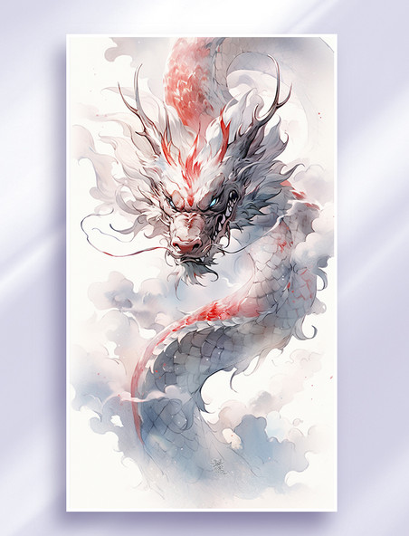 水墨渲染中国神话龙手绘插画白龙