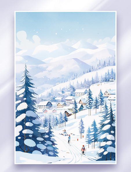 冬天手绘冬季冬日雪山松树水彩插画雪景风景