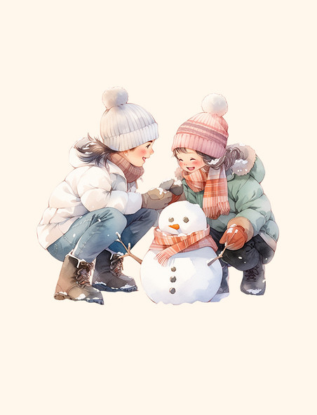 冬天手绘元素家人堆雪人卡通人物