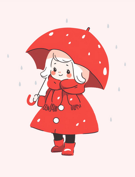 卡通手绘冬天女孩斗篷拿着雨伞元素