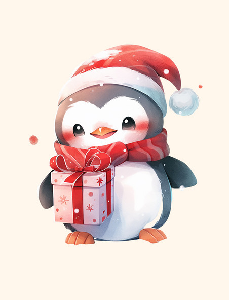 冬天卡通可爱的企鹅元素拿着礼物手绘动物