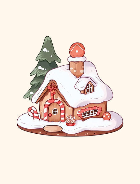 冬天覆盖雪的卡通手绘元素糖果屋元素