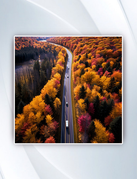 秋天秋冬秋季公路汽车树林五颜六色的树在路边高清图