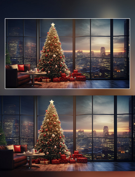 圣诞节大气背景窗户落地窗窗口房间礼物圣诞树