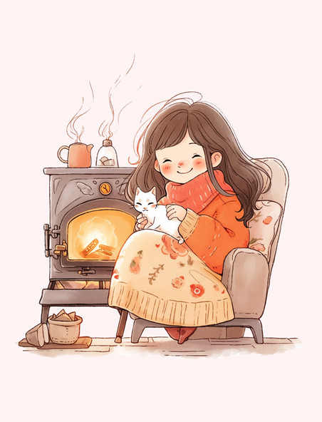 卡通冬天女孩沙发上炉子取暖手绘元素