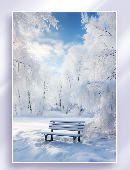 冬季冬天冬日雪景公园长椅浪漫唯美