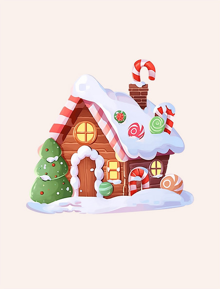 覆盖雪的糖果屋冬天卡通手绘木屋元素