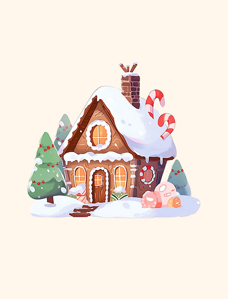 冬天覆盖雪的卡通小木屋糖果屋手绘元素