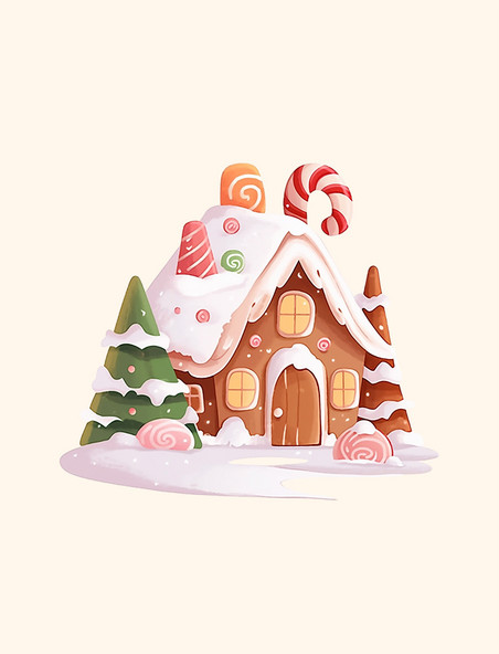 卡通冬天覆盖雪的糖果屋木屋手绘元素