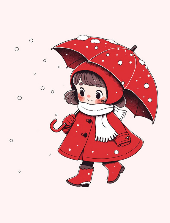 手绘元素冬天女孩拿着雨伞穿着靴子卡通