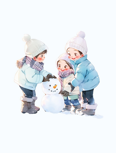 冬天家人堆雪人手绘元素卡通人物