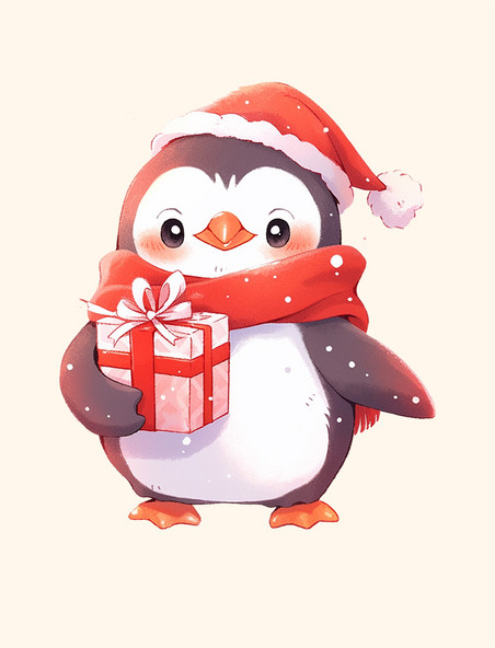 可爱的企鹅拿着礼物卡通手绘动物冬天元素