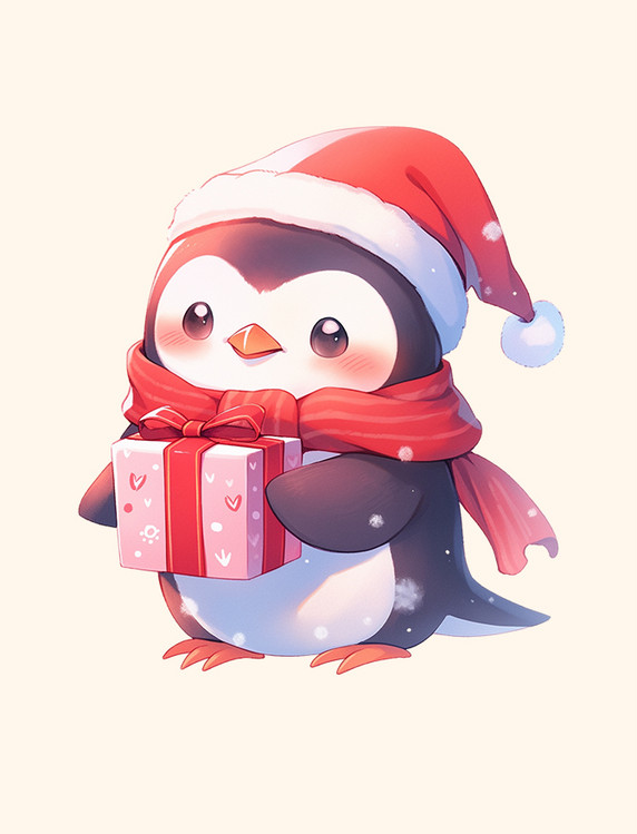 冬天可爱的企鹅卡通手绘动物拿着礼物元素
